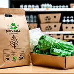 **Eco-Friendly Packaging in Use**: Create an image showcasing various eco-friendly packaging materials, such as recycled paper and biodegradable plastics, displayed in a modern retail environment. The setting should convey a sustainable brand identity, with customers interacting positively with the eco-friendly products.