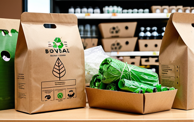 **Eco-Friendly Packaging in Use**: Create an image showcasing various eco-friendly packaging materials, such as recycled paper and biodegradable plastics, displayed in a modern retail environment. The setting should convey a sustainable brand identity, with customers interacting positively with the eco-friendly products.