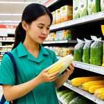 A young Vietnamese adult, fully clothed in modest, modern attire, thoughtfully examining a package made from natural materials in a vibrant, clean supermarket aisle in Ho Chi Minh City. She holds a transparent bag made from corn starch filled with fresh green vegetables, and next to her is a shelf displaying various food containers made from sugarcane bagasse and bamboo fiber. The setting is bright and orderly, emphasizing sustainability. Professional photography, high resolution, soft natural lighting, vibrant colors, perfect anatomy, correct proportions, natural pose, well-formed hands, proper finger count, natural body proportions, safe for work, appropriate content, fully clothed, modest, family-friendly.