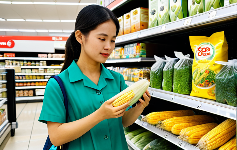 A young Vietnamese adult, fully clothed in modest, modern attire, thoughtfully examining a package made from natural materials in a vibrant, clean supermarket aisle in Ho Chi Minh City. She holds a transparent bag made from corn starch filled with fresh green vegetables, and next to her is a shelf displaying various food containers made from sugarcane bagasse and bamboo fiber. The setting is bright and orderly, emphasizing sustainability. Professional photography, high resolution, soft natural lighting, vibrant colors, perfect anatomy, correct proportions, natural pose, well-formed hands, proper finger count, natural body proportions, safe for work, appropriate content, fully clothed, modest, family-friendly.