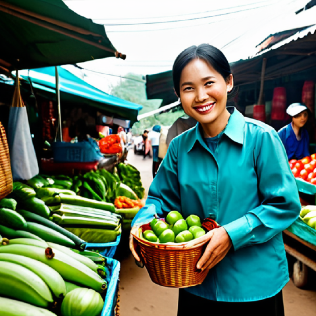 A professional Vietnamese woman, fully clothed in modest, everyday attire, smiles warmly as she shops at a vibrant local market in Vietnam. She holds a reusable fabric tote bag filled with fresh produce. Around her, market stalls display various products packaged in eco-friendly materials such as paper bags, glass jars, and food items wrapped in banana leaves. The scene captures the essence of a conscious consumer making sustainable choices. Natural lighting, professional photography, safe for work, appropriate content, fully clothed, family-friendly, perfect anatomy, correct proportions, natural pose, well-formed hands, proper finger count, natural body proportions.