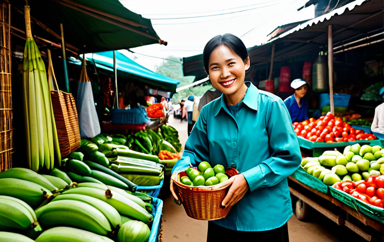 A professional Vietnamese woman, fully clothed in modest, everyday attire, smiles warmly as she shops at a vibrant local market in Vietnam. She holds a reusable fabric tote bag filled with fresh produce. Around her, market stalls display various products packaged in eco-friendly materials such as paper bags, glass jars, and food items wrapped in banana leaves. The scene captures the essence of a conscious consumer making sustainable choices. Natural lighting, professional photography, safe for work, appropriate content, fully clothed, family-friendly, perfect anatomy, correct proportions, natural pose, well-formed hands, proper finger count, natural body proportions.