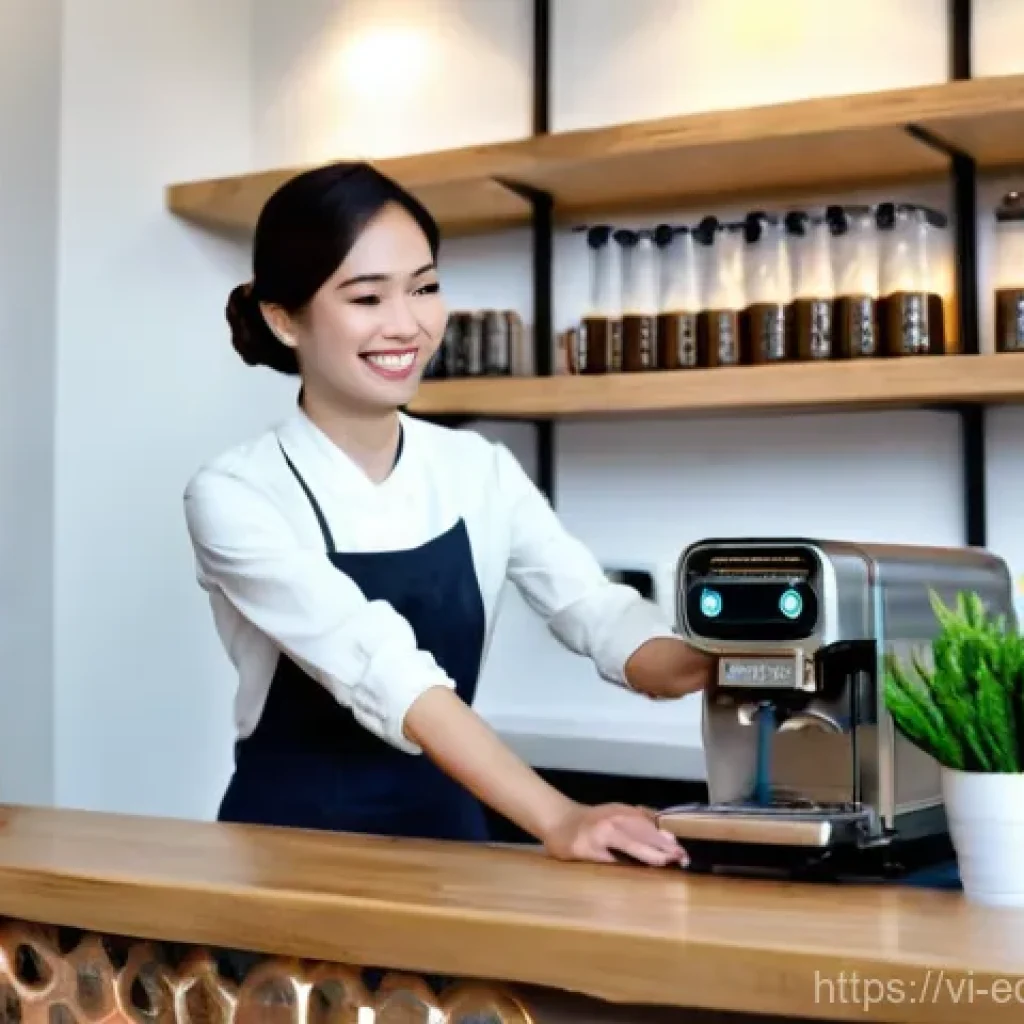 친환경 포장 디자인의 핵심 요소 - **Prompt 1: A heartwarming scene at a modern, eco-friendly coffee shop in Ho Chi Minh City, Vietnam....