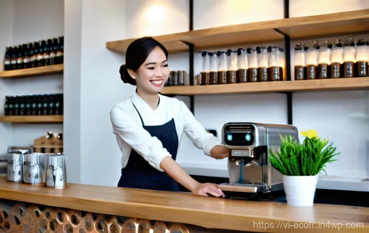 친환경 포장 디자인의 핵심 요소 - **Prompt 1: A heartwarming scene at a modern, eco-friendly coffee shop in Ho Chi Minh City, Vietnam....