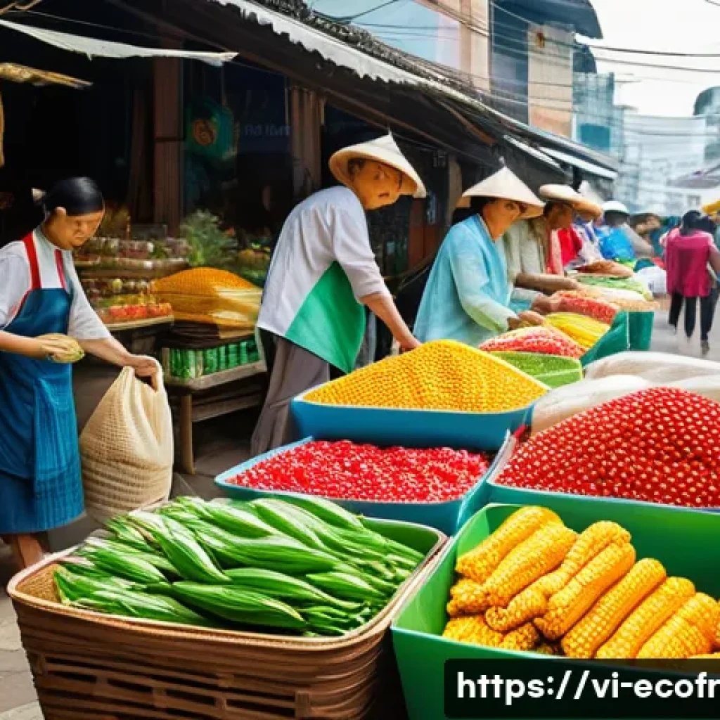 전망되는 친환경 포장 기술의 미래 - A vibrant Vietnamese street market scene showcasing eco-friendly packaging made from biodegradable c...