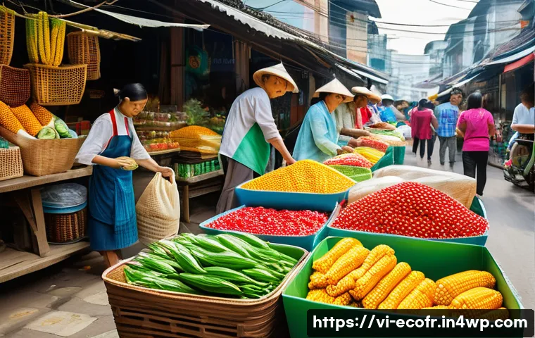 전망되는 친환경 포장 기술의 미래 - A vibrant Vietnamese street market scene showcasing eco-friendly packaging made from biodegradable c...