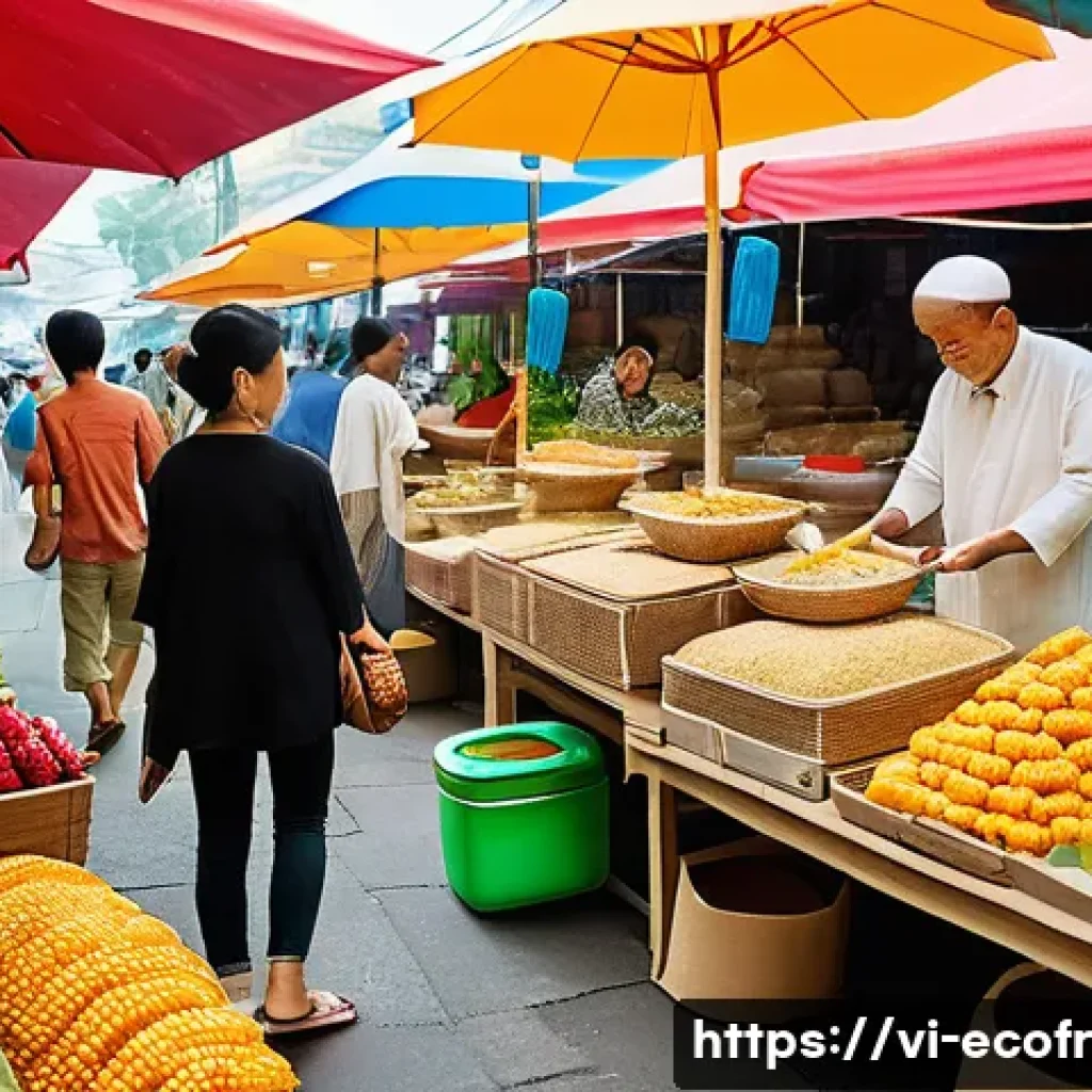 친환경 포장 관련 스타트업 투자 동향 - A vibrant Vietnamese street market scene featuring eco-friendly packaging innovations: biodegradable...