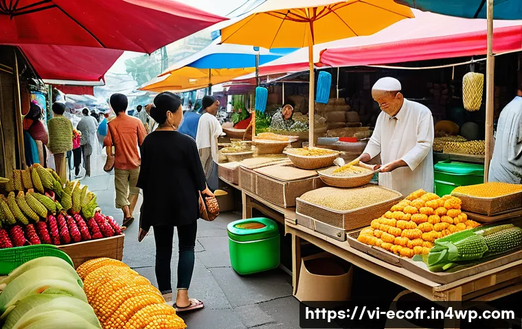 친환경 포장 관련 스타트업 투자 동향 - A vibrant Vietnamese street market scene featuring eco-friendly packaging innovations: biodegradable...