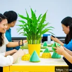 Home 21 친환경 포장 혁신을 위한 스타트업 사례 - A vibrant Vietnamese startup workshop scene featuring young entrepreneurs collaboratively designing ...