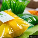 Home 20 포장 혁신을 위한 최신 기술 동향 - A close-up scene showcasing eco-friendly biodegradable packaging made from translucent biopolymer fi...