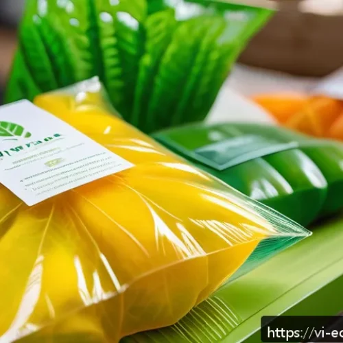 Home 32 포장 혁신을 위한 최신 기술 동향 - A close-up scene showcasing eco-friendly biodegradable packaging made from translucent biopolymer fi...