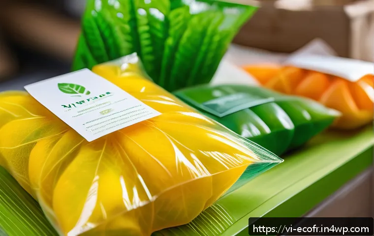 포장 혁신을 위한 최신 기술 동향 - A close-up scene showcasing eco-friendly biodegradable packaging made from translucent biopolymer fi...