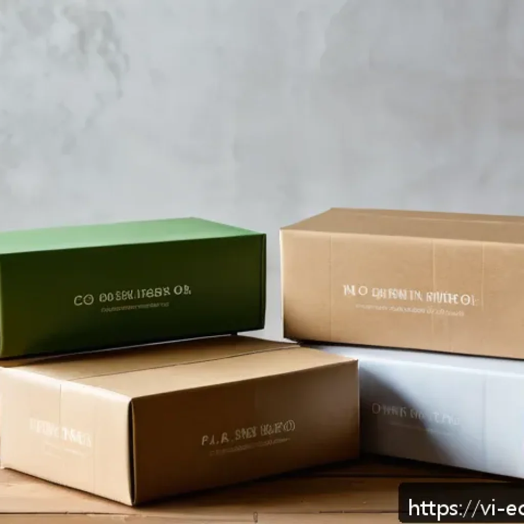 패키징 디자인에서의 지속 가능성 요소 - A close-up image of eco-friendly packaging materials laid out on a rustic wooden table, featuring re...
