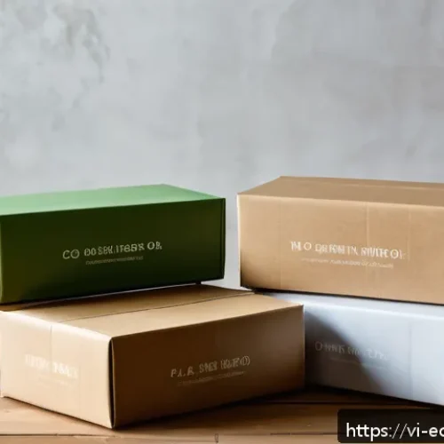 Home 31 패키징 디자인에서의 지속 가능성 요소 - A close-up image of eco-friendly packaging materials laid out on a rustic wooden table, featuring re...