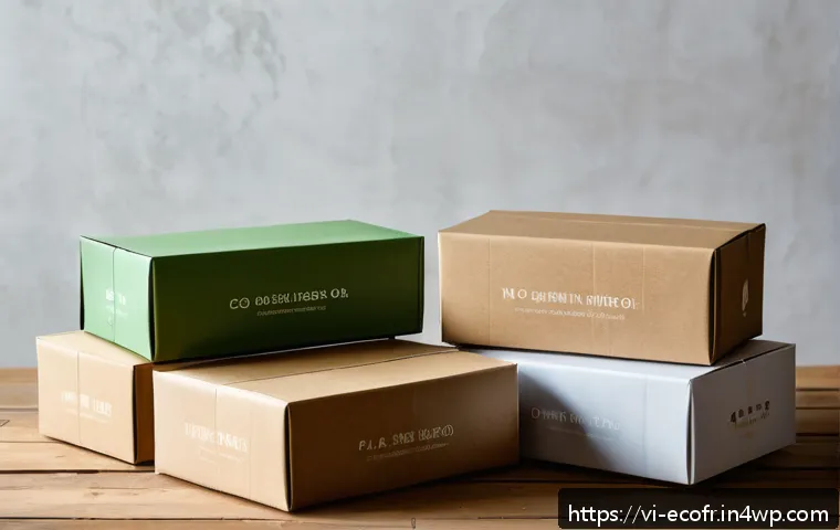 패키징 디자인에서의 지속 가능성 요소 - A close-up image of eco-friendly packaging materials laid out on a rustic wooden table, featuring re...