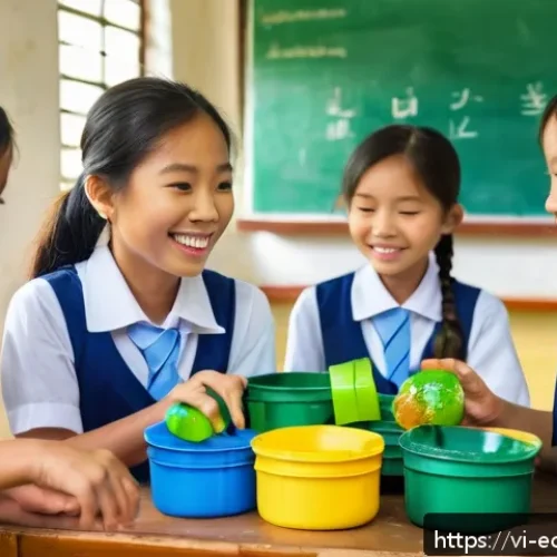 Home 17 포장 재활용률 향상을 위한 전략 - A vibrant Vietnamese classroom scene focused on environmental education: children aged 8-12 wearing ...