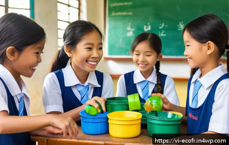 포장 재활용률 향상을 위한 전략 - A vibrant Vietnamese classroom scene focused on environmental education: children aged 8-12 wearing ...