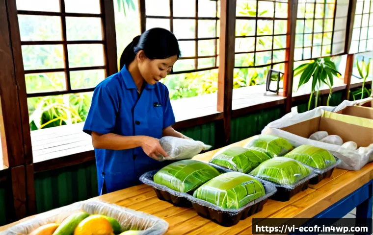 Home 17 친환경 포장 기술의 발전 방향 - Photorealistic sustainable packaging innovation scene in a modern Vietnamese food distribution works...
